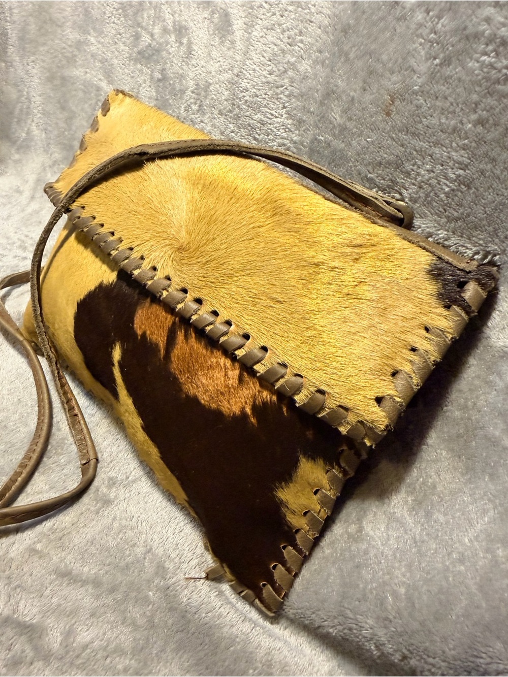 Handmade Genuine Hair On Cowhide Crossbody Bag w/ Whipstitch Trim - Picture 7 of 12